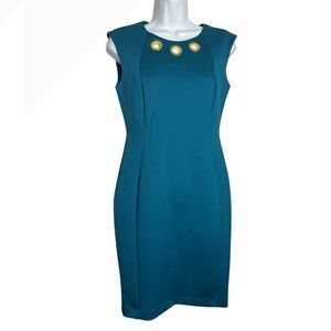 Calvin Klein Dress Size 6 Teal Blue Green Sheath Dress Gold Grommet‎ Detail 🩵🩵